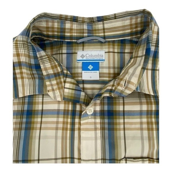 Columbia Blue and‎ Tan Plaid Long Sleeve Shirt Polyester Nylon Blend Mens S - Picture 6 of 10